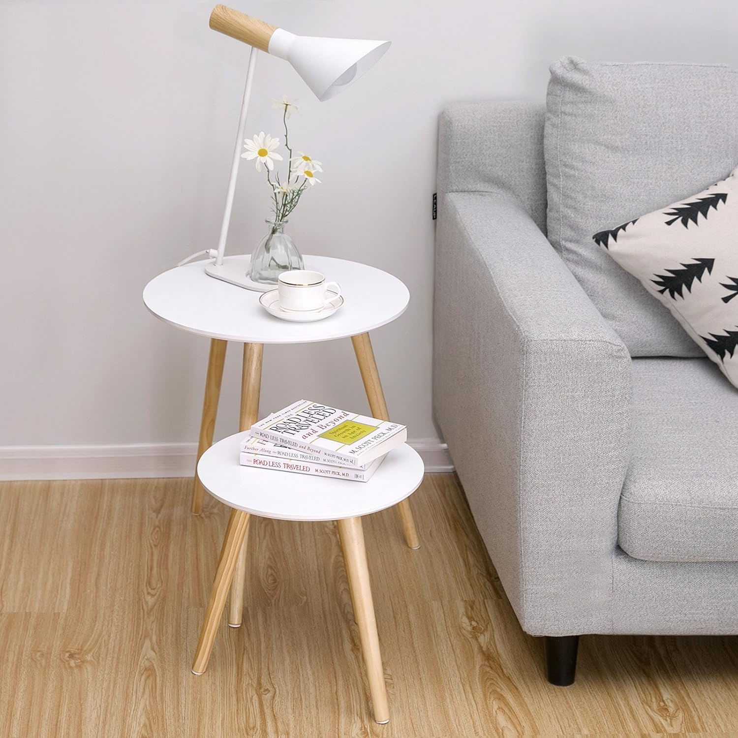 Masa de cafea, set de 2 bucati, picioare din lemn si blat MDF, design minimalist scandinav, 45x50cm si 35x35cm, alb — imaginea 5