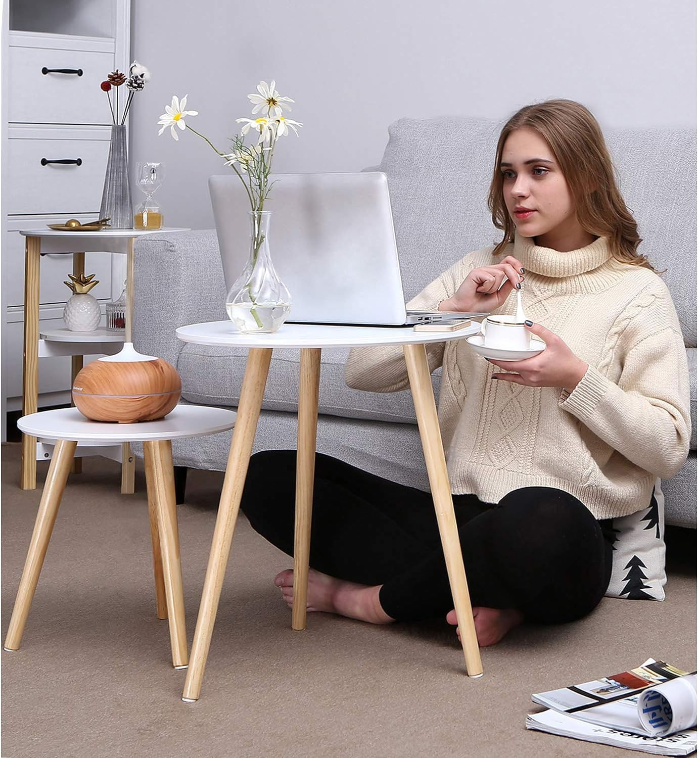Masa de cafea, set de 2 bucati, picioare din lemn si blat MDF, design minimalist scandinav, 45x50cm si 35x35cm, alb — imaginea 6