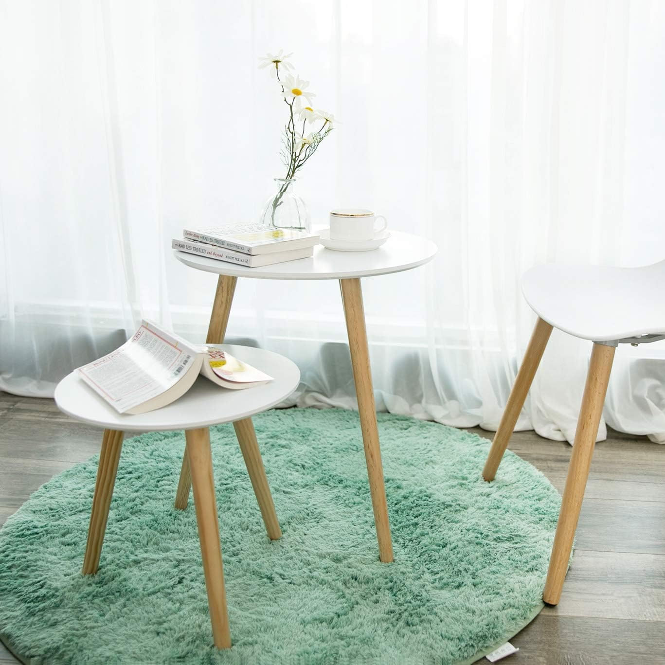 Masa de cafea, set de 2 bucati, picioare din lemn si blat MDF, design minimalist scandinav, 45x50cm si 35x35cm, alb — imaginea 7