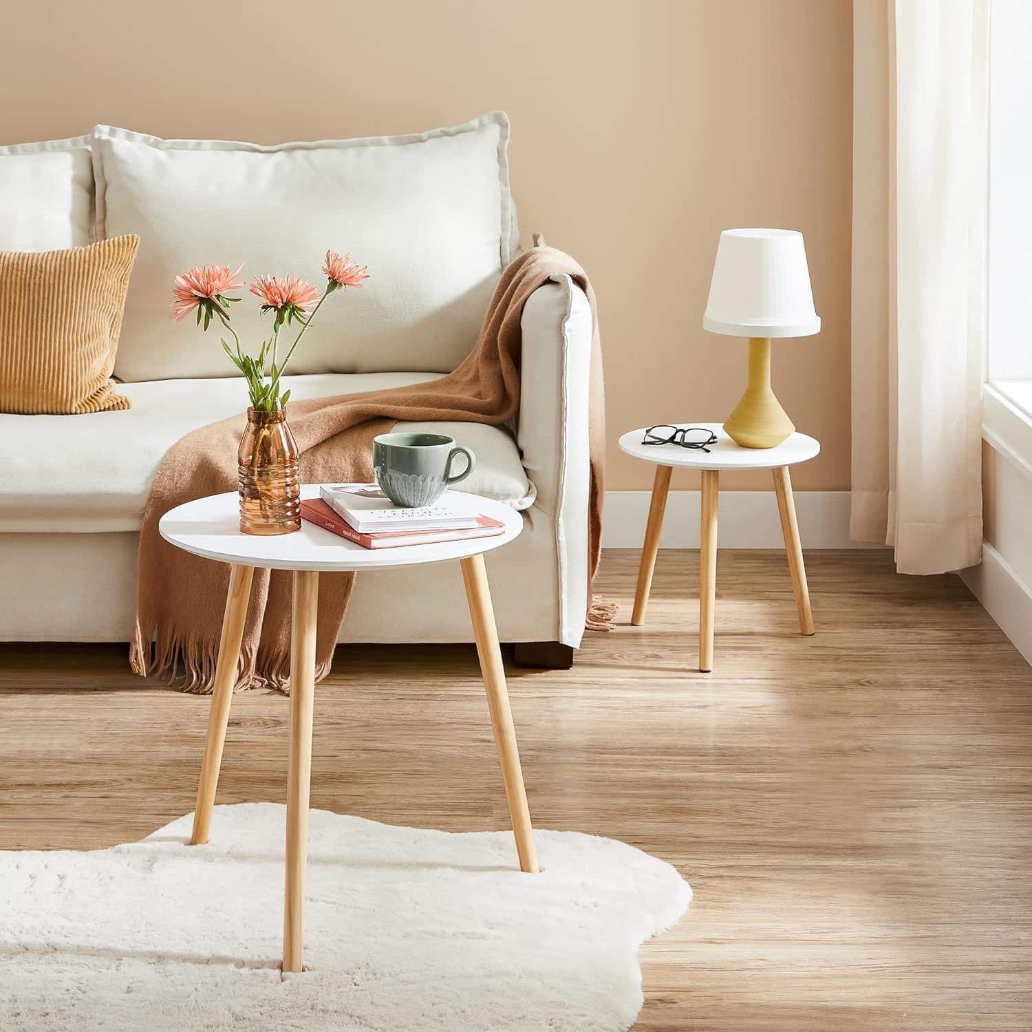 Masa de cafea, set de 2 bucati, picioare din lemn si blat MDF, design minimalist scandinav, 45x50cm si 35x35cm, alb — imaginea 8