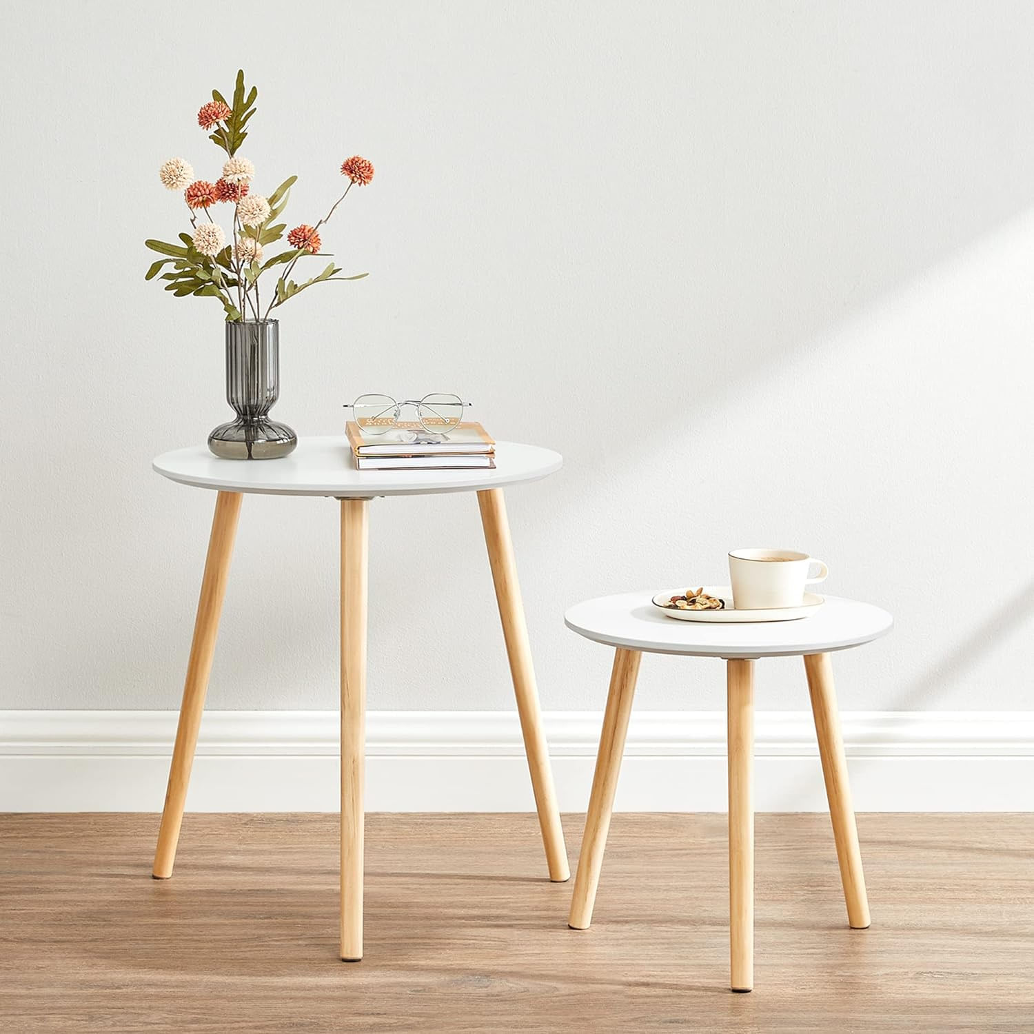 Masa de cafea, set de 2 bucati, picioare din lemn si blat MDF, design minimalist scandinav, 45x50cm si 35x35cm, alb — imaginea 10