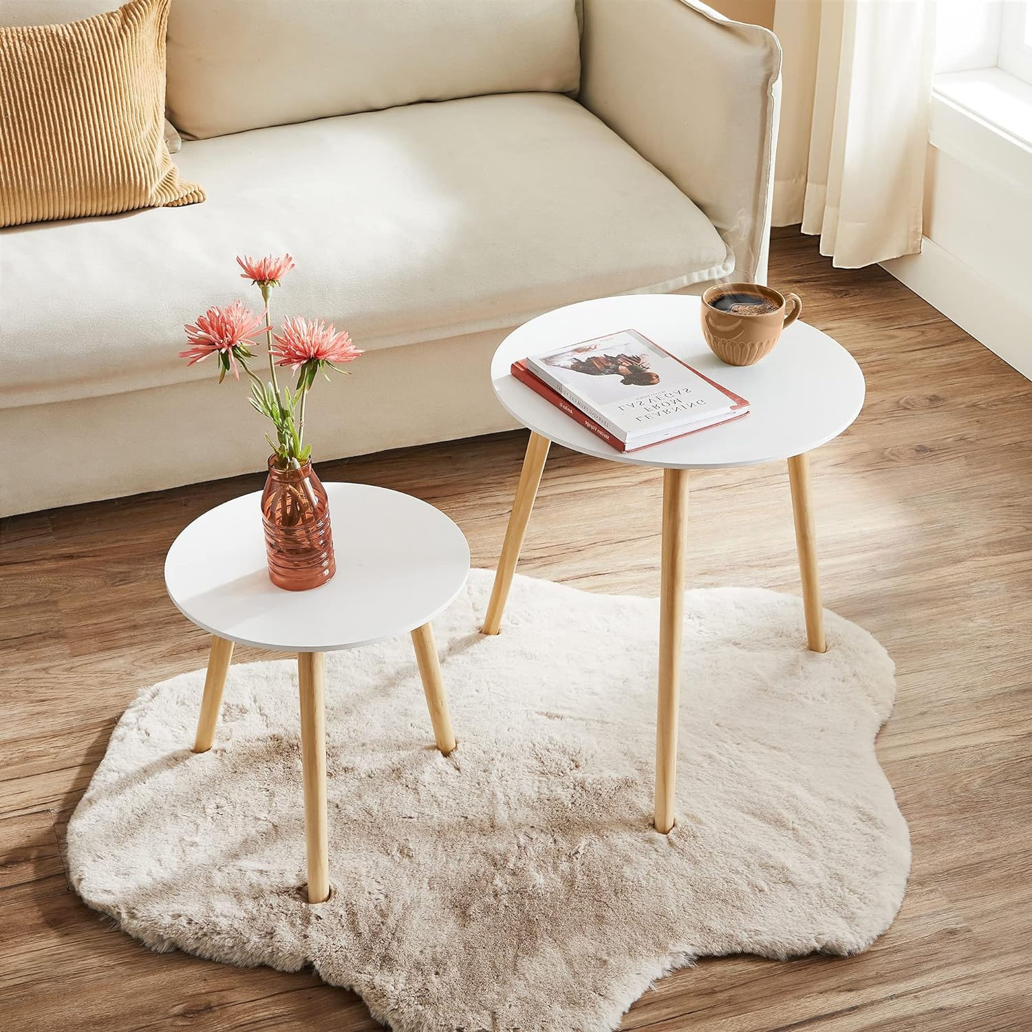 Masa de cafea, set de 2 bucati, picioare din lemn si blat MDF, design minimalist scandinav, 45x50cm si 35x35cm, alb — imaginea 11