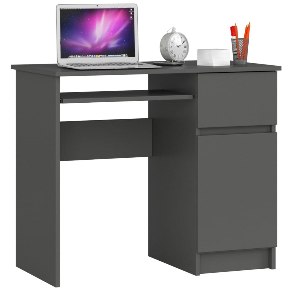 Birou computer PIKSEL, cu sertar, dulap si raft pentru tastatura, dreapta, 90x50x77 cm, stejar gri — imaginea 2