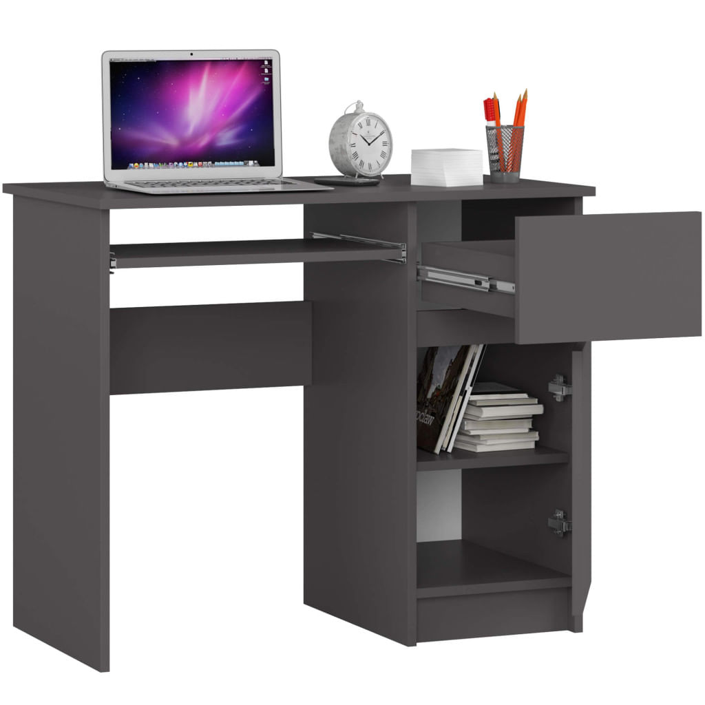 Birou computer PIKSEL, cu sertar, dulap si raft pentru tastatura, dreapta, 90x50x77 cm, stejar gri — imaginea 5