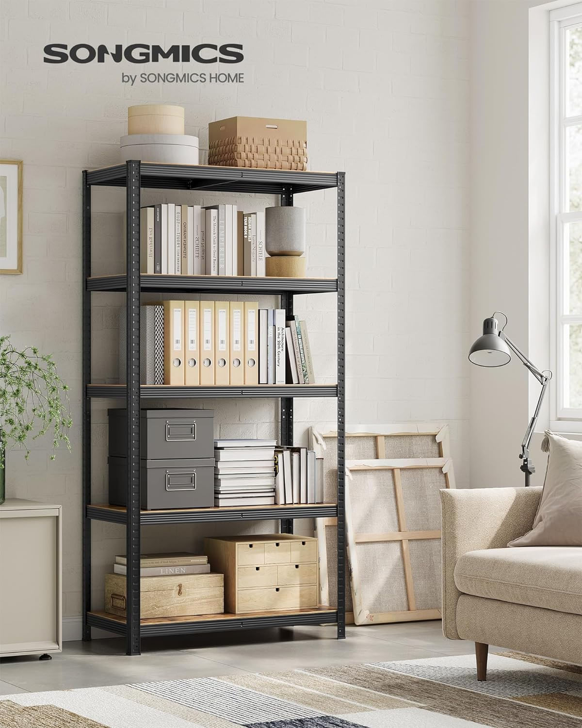 Raft de depozitare metalic, cu polite din PAL, 5 polite, max. 600 kg, 200x100x50cm, maro si negru — imaginea 2