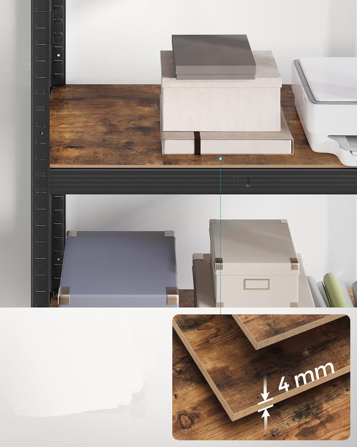 Raft de depozitare metalic, cu polite din PAL, 5 polite, max. 600 kg, 200x100x50cm, maro si negru — imaginea 4