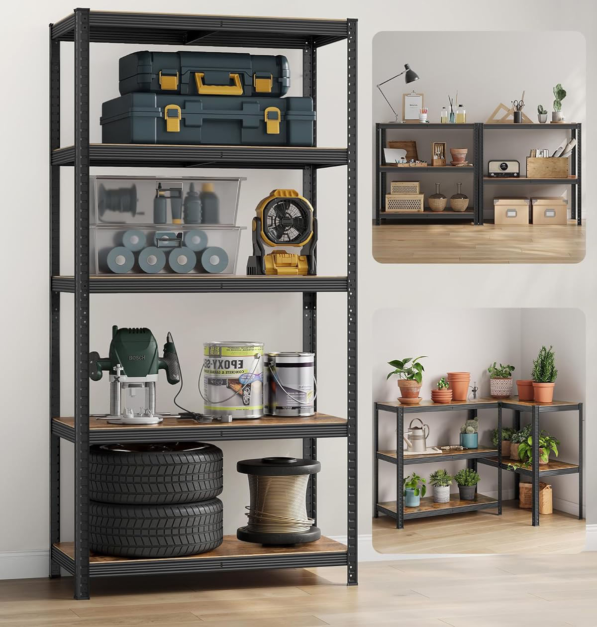 Raft de depozitare metalic, cu polite din PAL, 5 polite, max. 600 kg, 200x100x50cm, maro si negru — imaginea 6