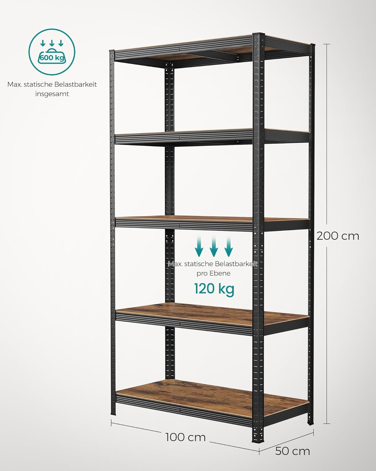 Raft de depozitare metalic, cu polite din PAL, 5 polite, max. 600 kg, 200x100x50cm, maro si negru — imaginea 7