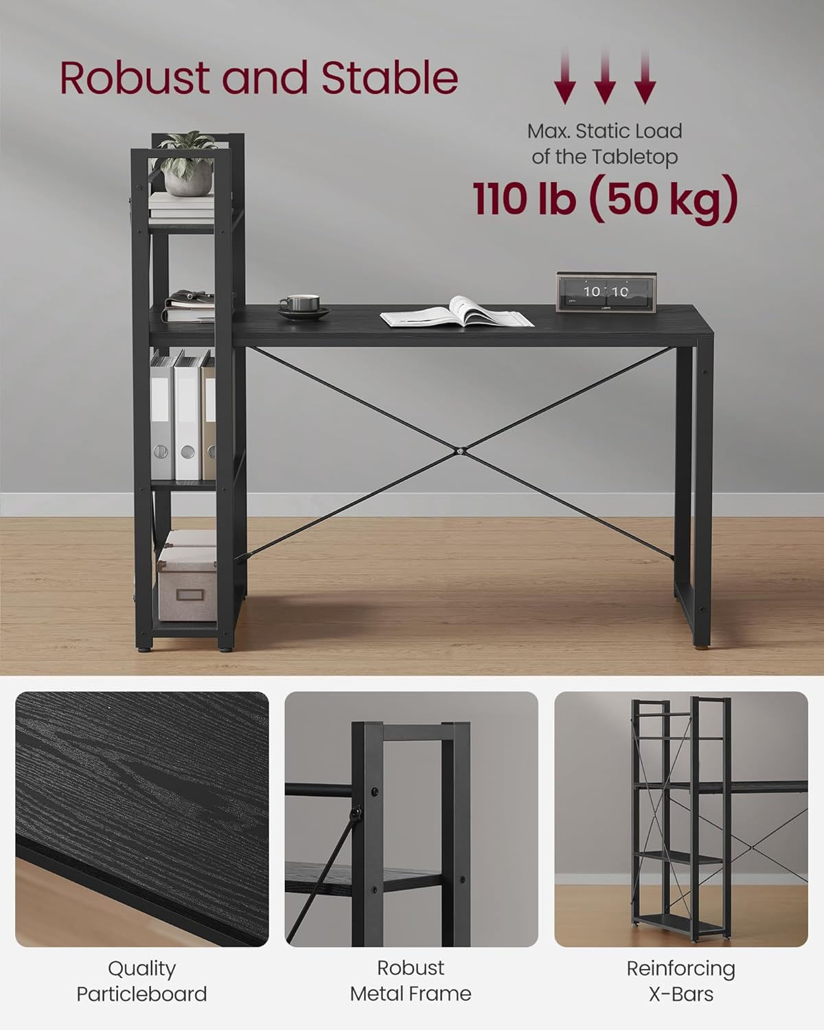 Birou cu raft lateral, montare stanga sau dreapta, industrial, 60x132x119 cm, negru — imaginea 2