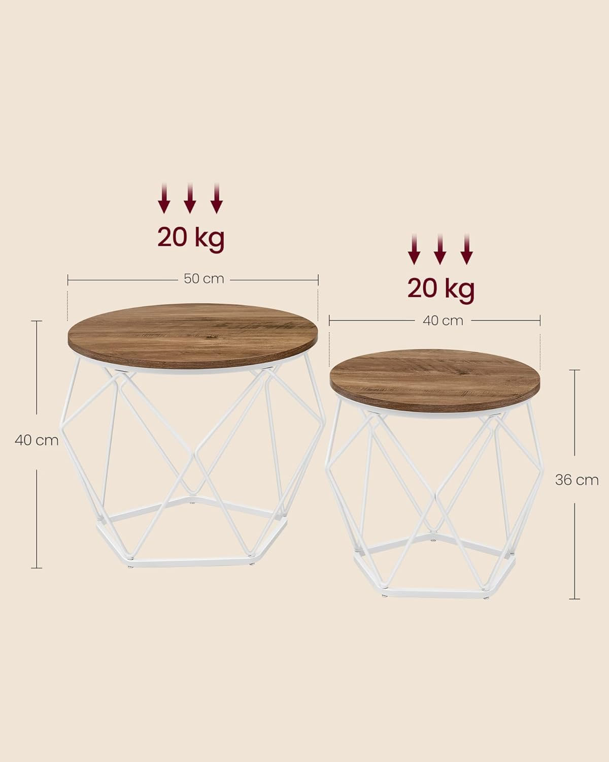 Set de 2 mese de cafea rotunde, cadru otel si blat detasabil, 40cm si 50cm, alb si maro — imaginea 3