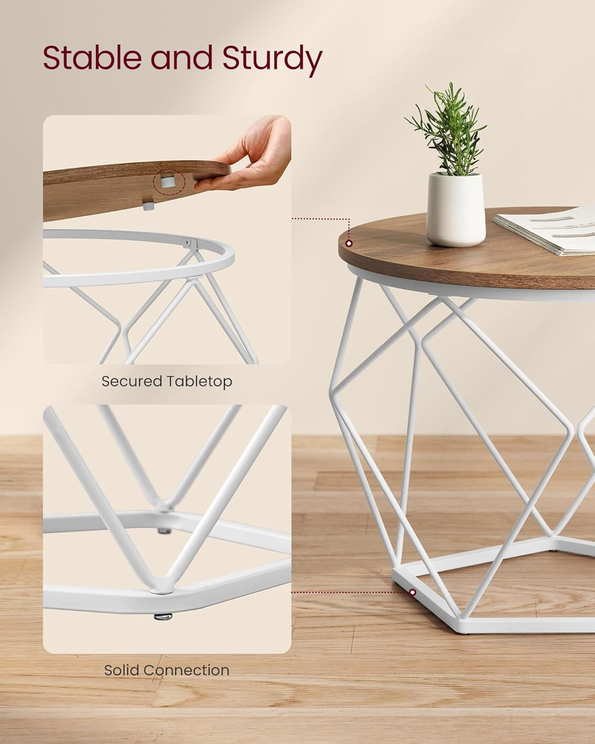 Set de 2 mese de cafea rotunde, cadru otel si blat detasabil, 40cm si 50cm, alb si maro — imaginea 4