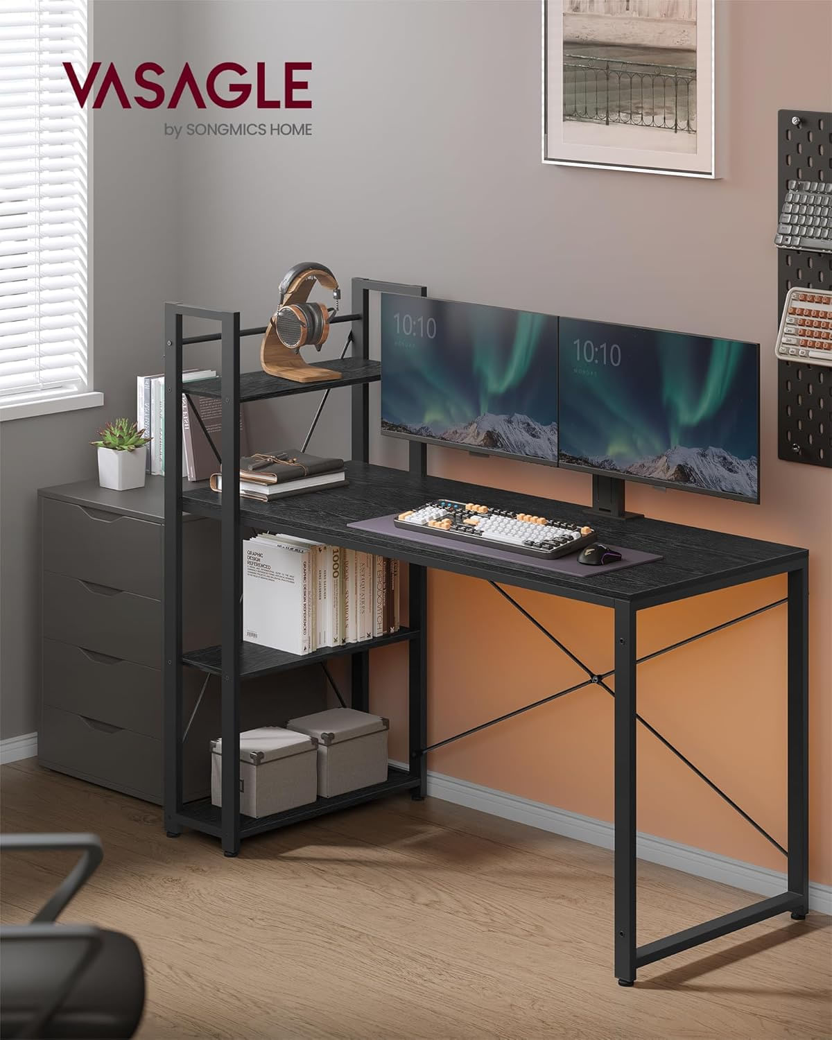 Birou cu raft lateral, montare stanga sau dreapta, industrial, 60x132x119 cm, negru — imaginea 4