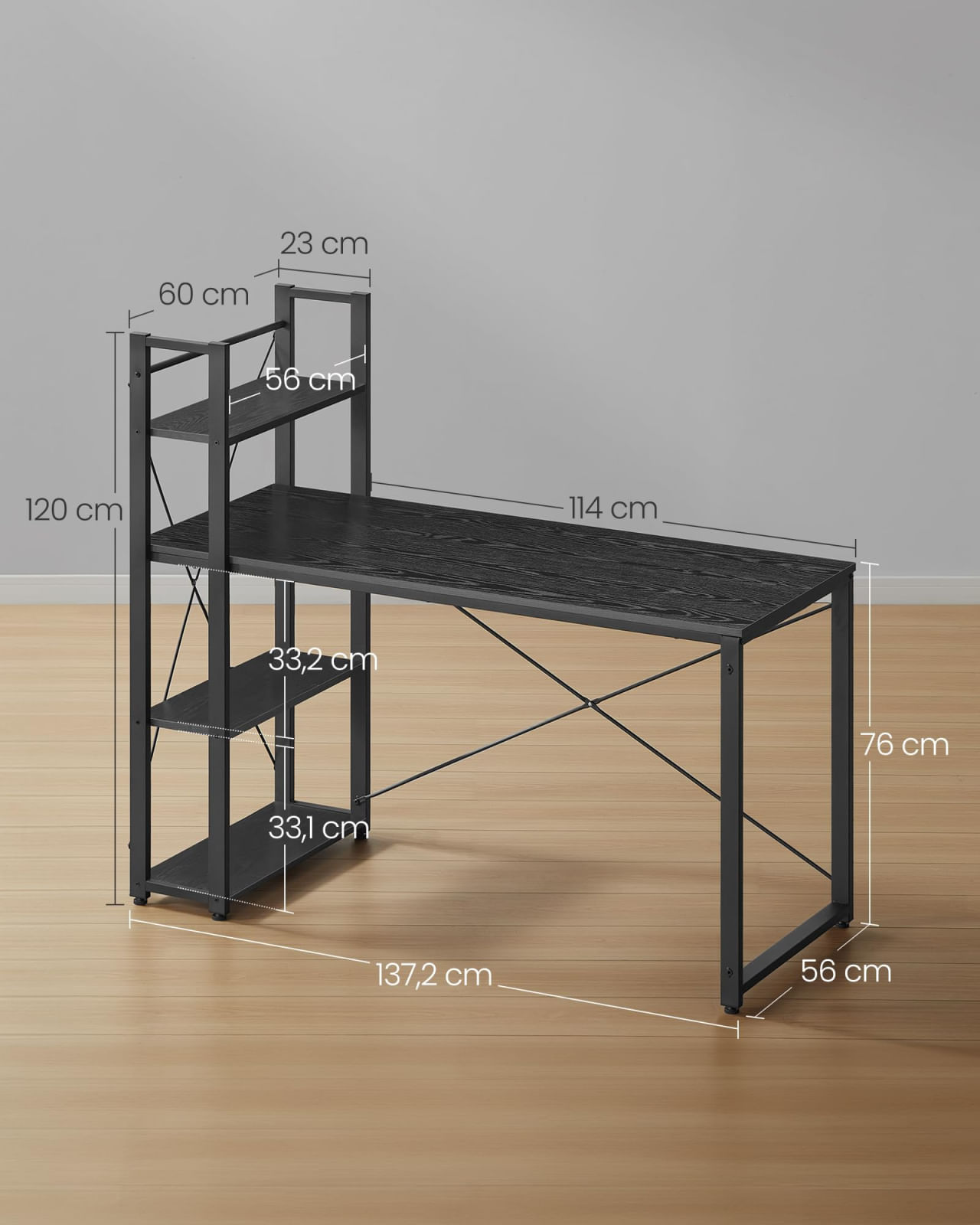 Birou cu raft lateral, montare stanga sau dreapta, industrial, 60x132x119 cm, negru — imaginea 5