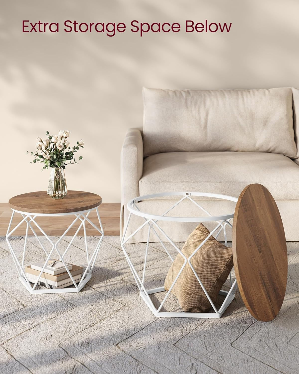 Set de 2 mese de cafea rotunde, cadru otel si blat detasabil, 40cm si 50cm, alb si maro — imaginea 6