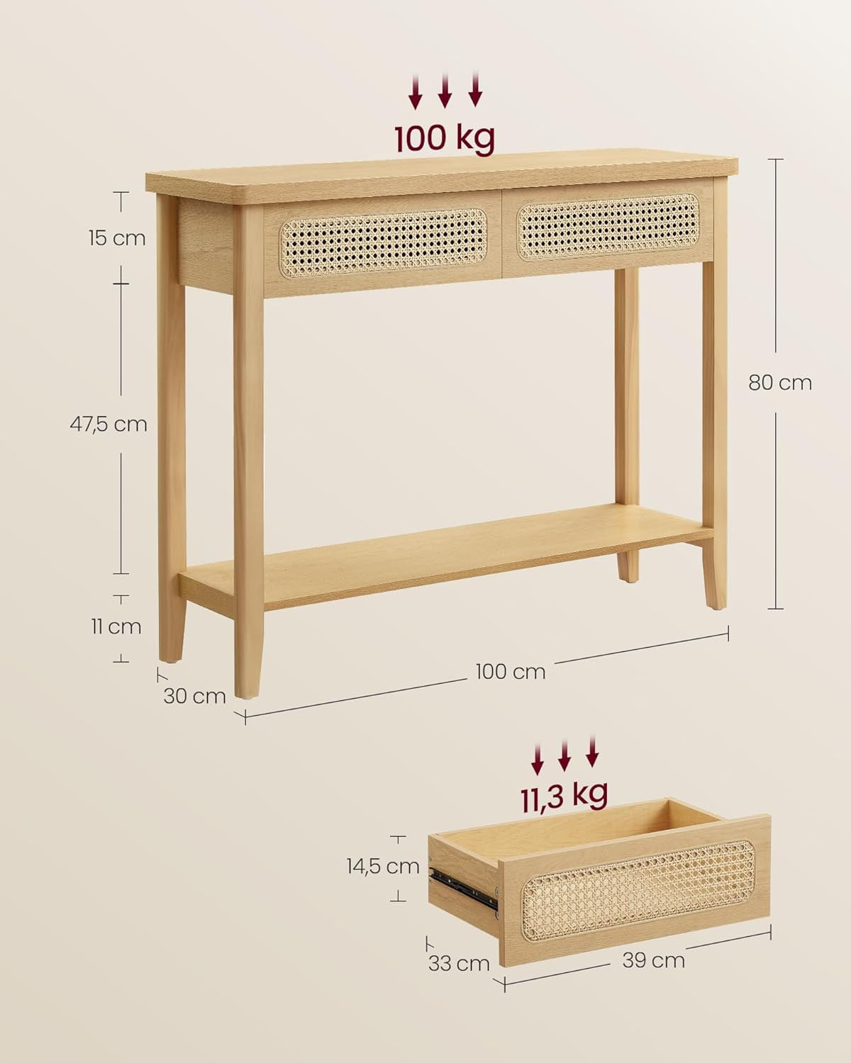 Consola hol 100x30x80 cm, 2 sertare, raft deschis, colturi rotunjite, stil boho, MDF si ratan PVC, bej stejar — imaginea 2