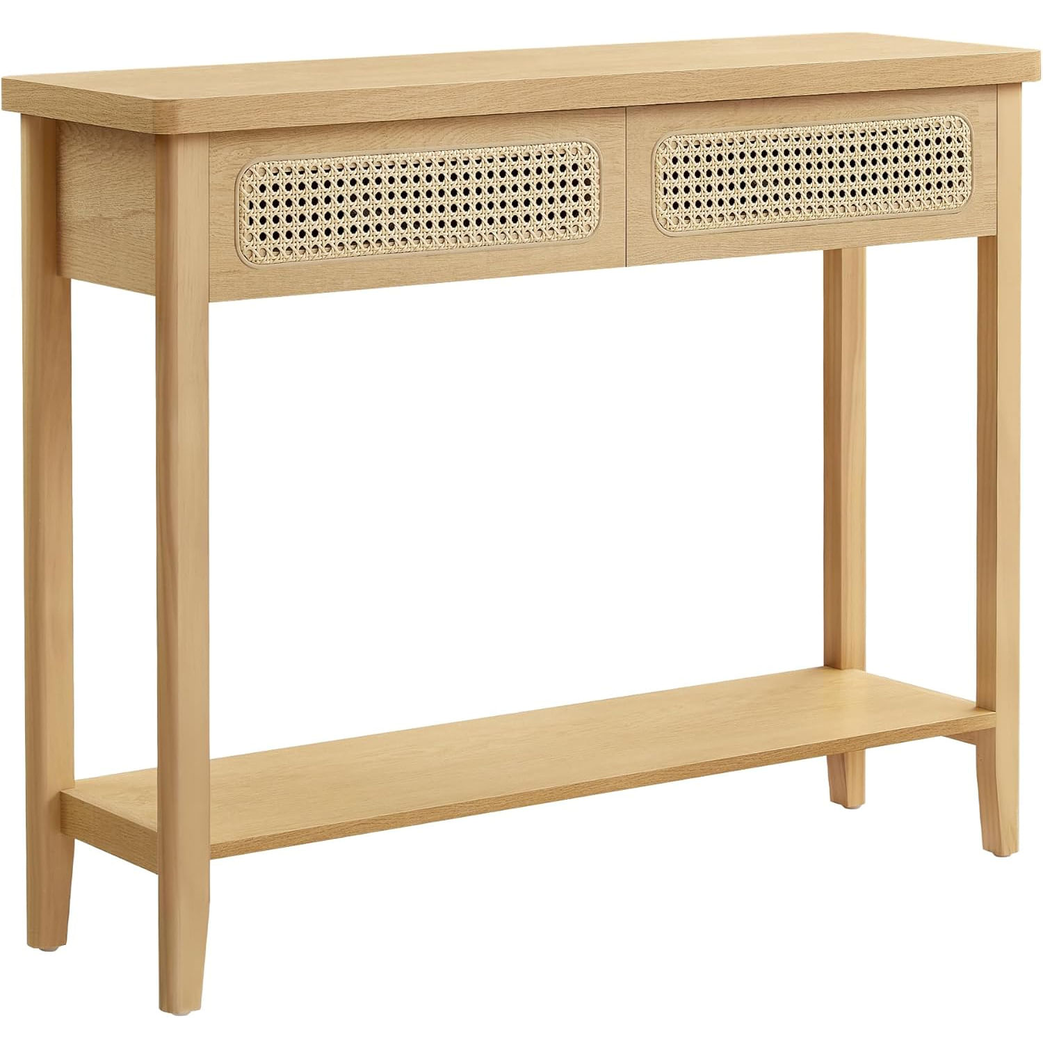 Consola hol 100x30x80 cm, 2 sertare, raft deschis, colturi rotunjite, stil boho, MDF si ratan PVC, bej stejar — imaginea 4