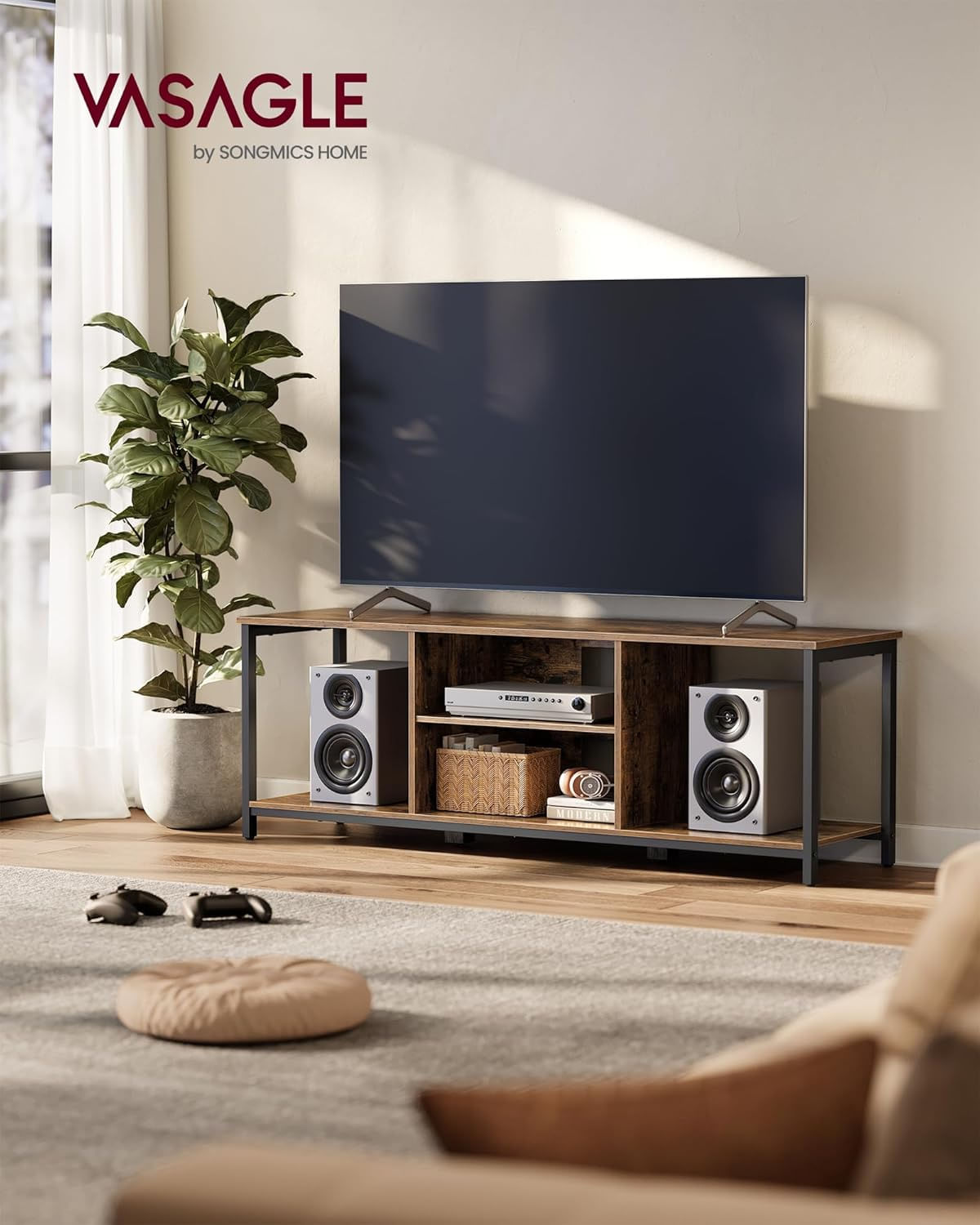 VASAGLE Comoda TV pentru televizoare pana la 65 inch, cadru metal, stil industrial, 147x40x50 cm, maro rustic — imaginea 2