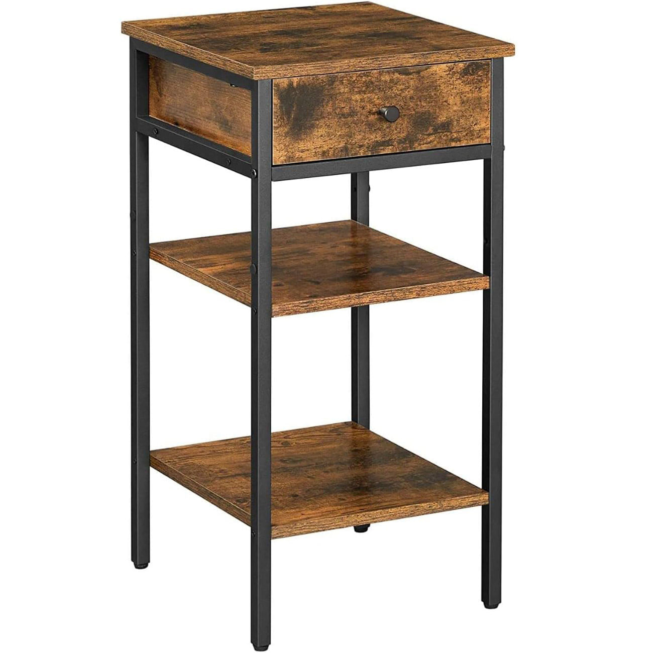Noptiera inalta cu sertar si 2 rafturi de depozitare, stil industrial, 35x35x70cm, maro rustic si negru — imaginea 2