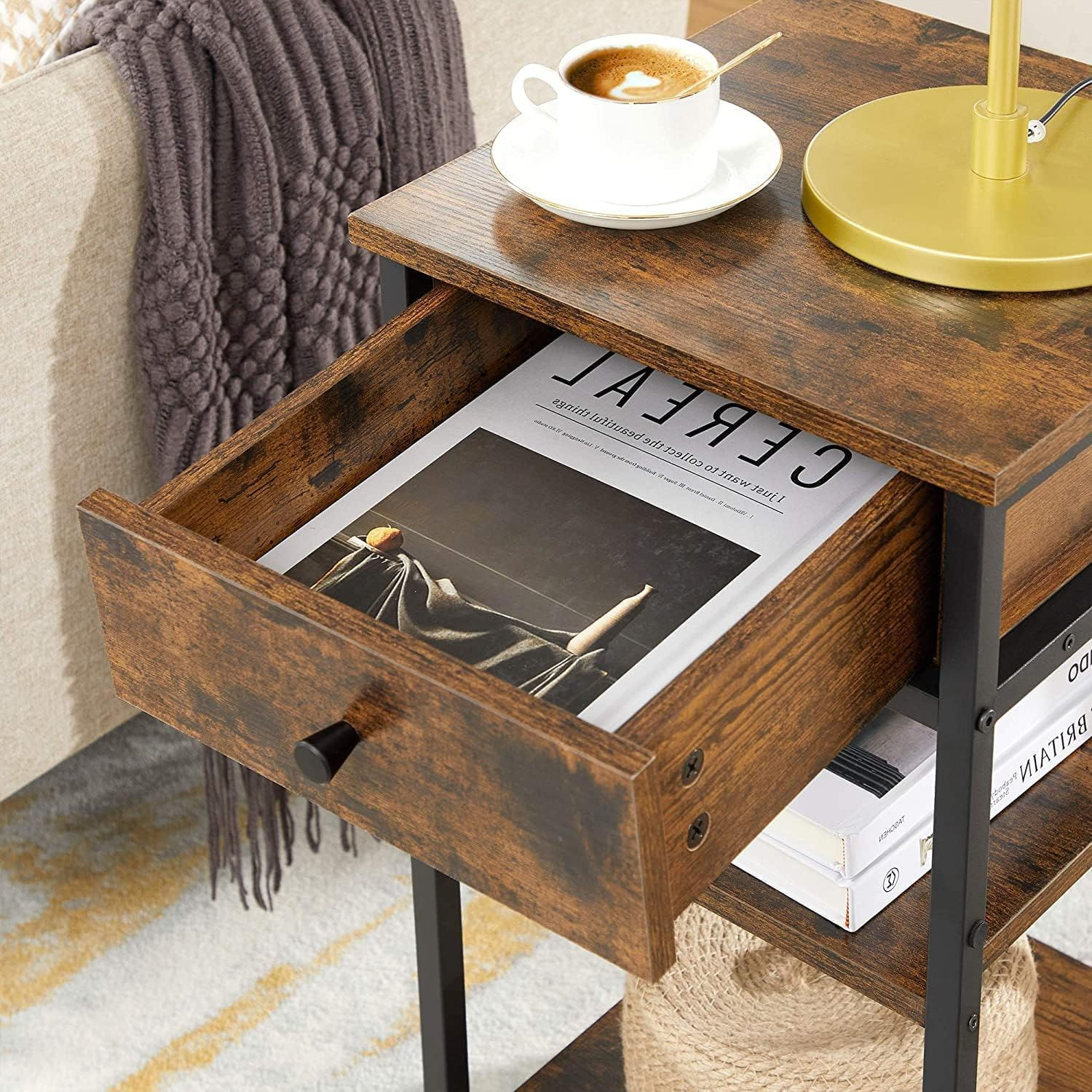 Noptiera inalta cu sertar si 2 rafturi de depozitare, stil industrial, 35x35x70cm, maro rustic si negru — imaginea 5