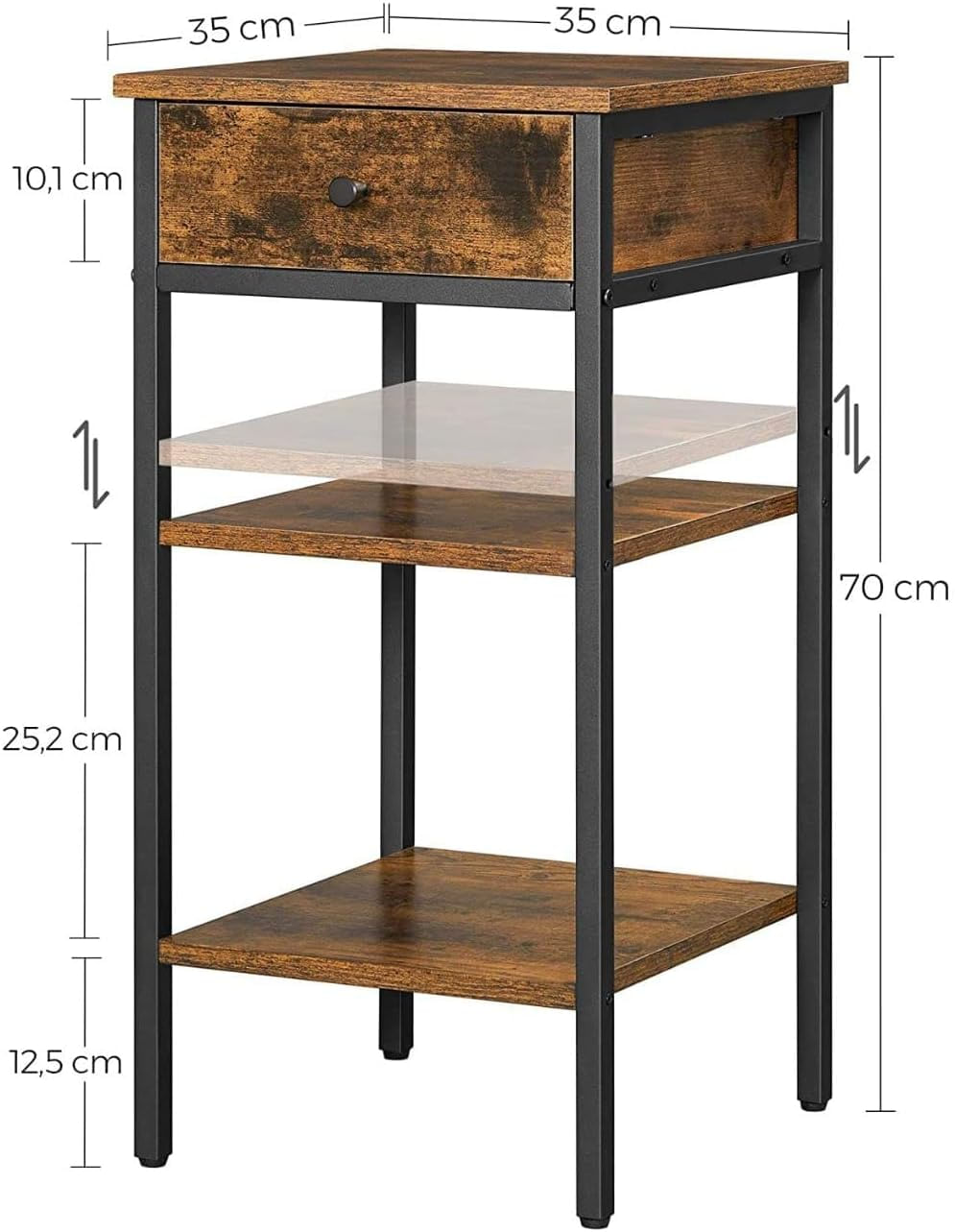 Noptiera inalta cu sertar si 2 rafturi de depozitare, stil industrial, 35x35x70cm, maro rustic si negru — imaginea 6