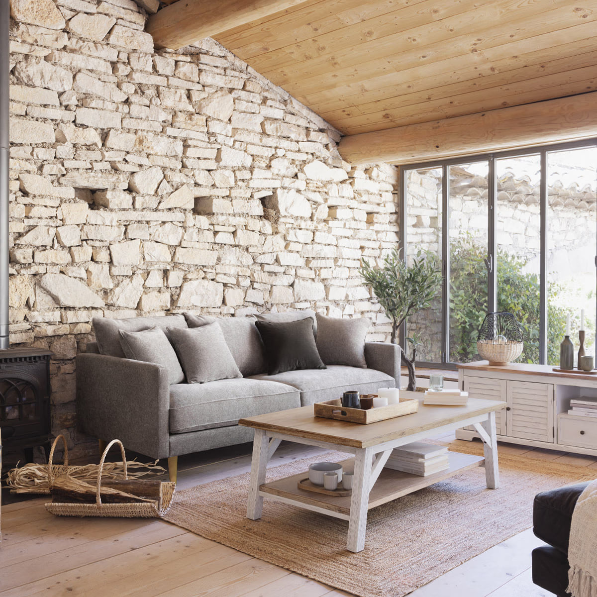 Masuta cafea Atmosphera Olbia cu 2 blaturi, MDF si acacia, 120x70x45 cm, alb — imaginea 4