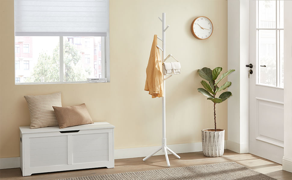 Cuier pentru haine, din lemn masiv, tip pom, cu 8 carlige, 175cm, alb — imaginea 4
