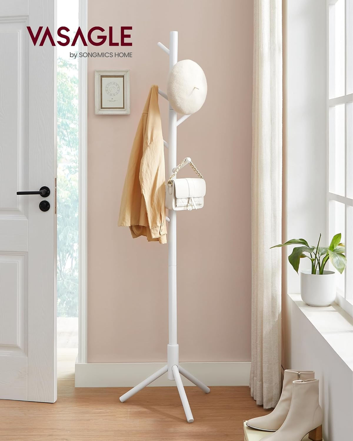 Cuier pentru haine, din lemn masiv, tip pom, cu 8 carlige, 175cm, alb — imaginea 5