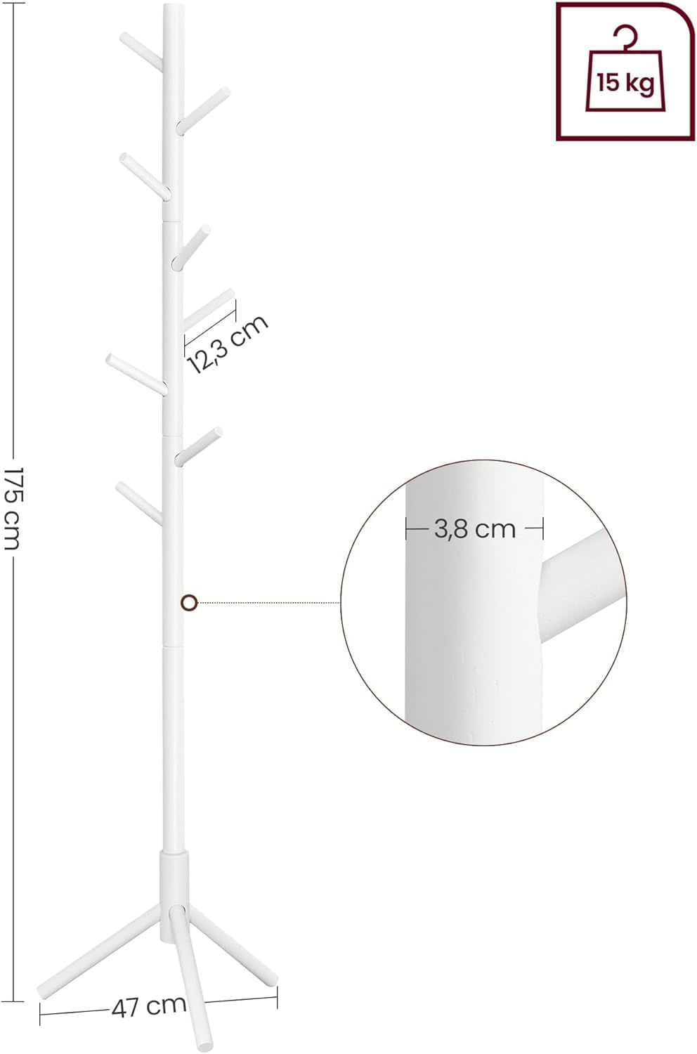 Cuier pentru haine, din lemn masiv, tip pom, cu 8 carlige, 175cm, alb — imaginea 6