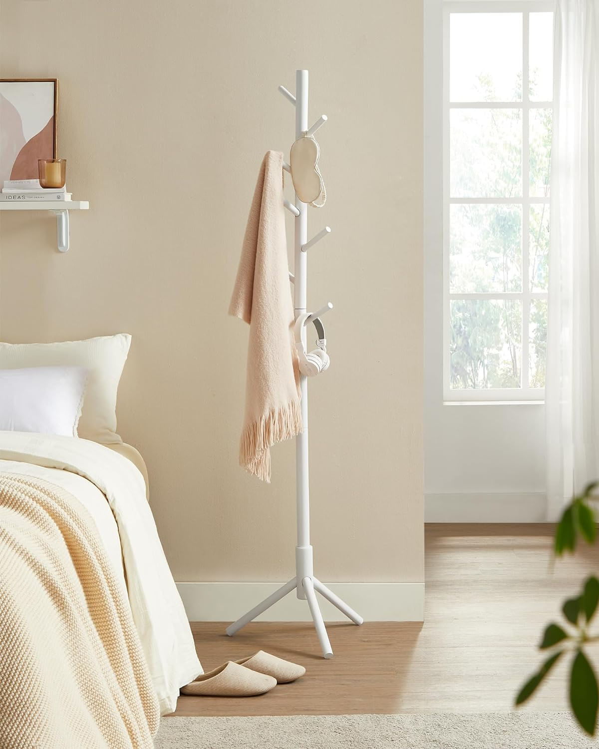 Cuier pentru haine, din lemn masiv, tip pom, cu 8 carlige, 175cm, alb — imaginea 9