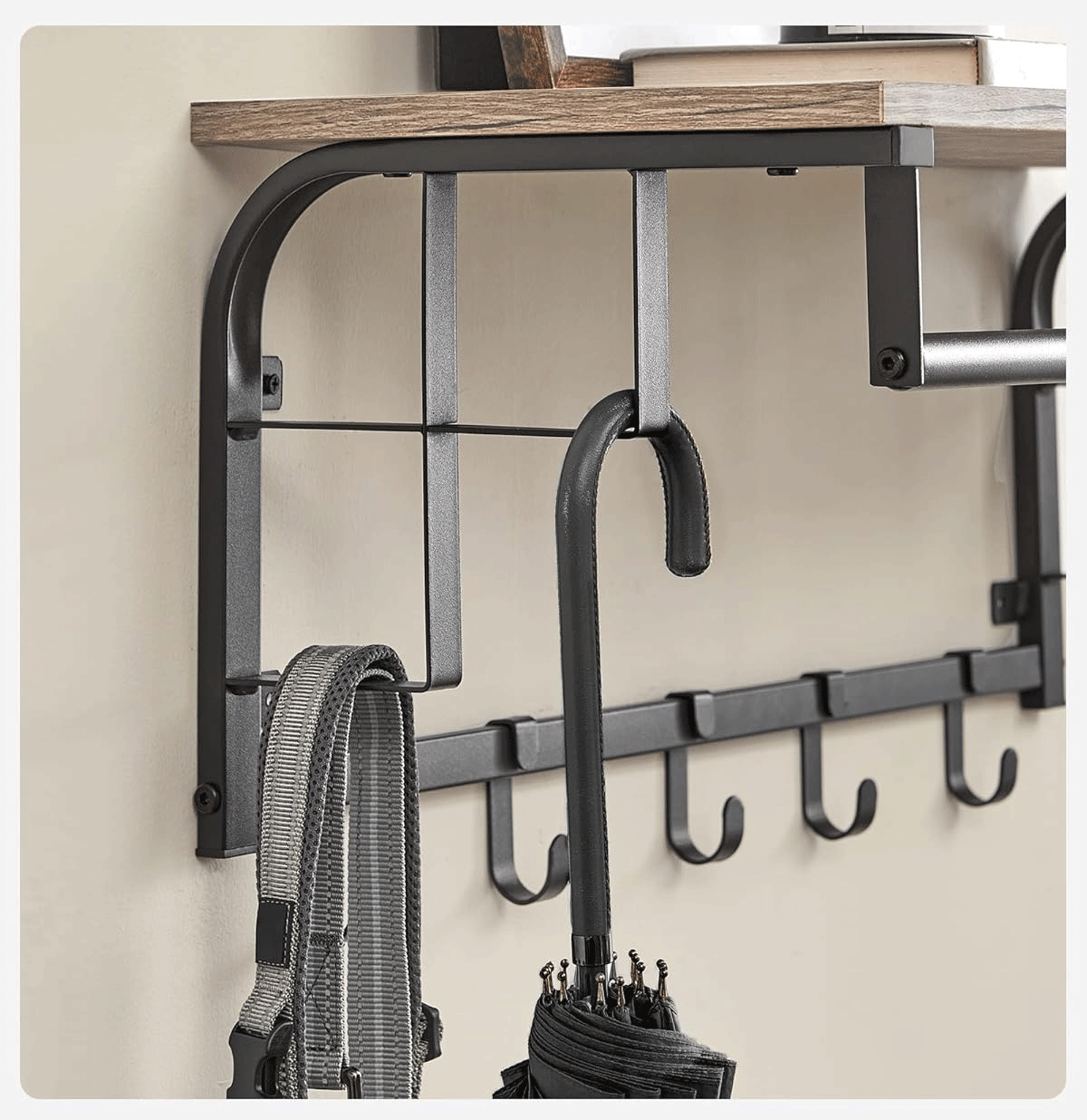 Cuier perete cu polita, bara si 5 carlige, 66x27x30 cm, gri — imaginea 10