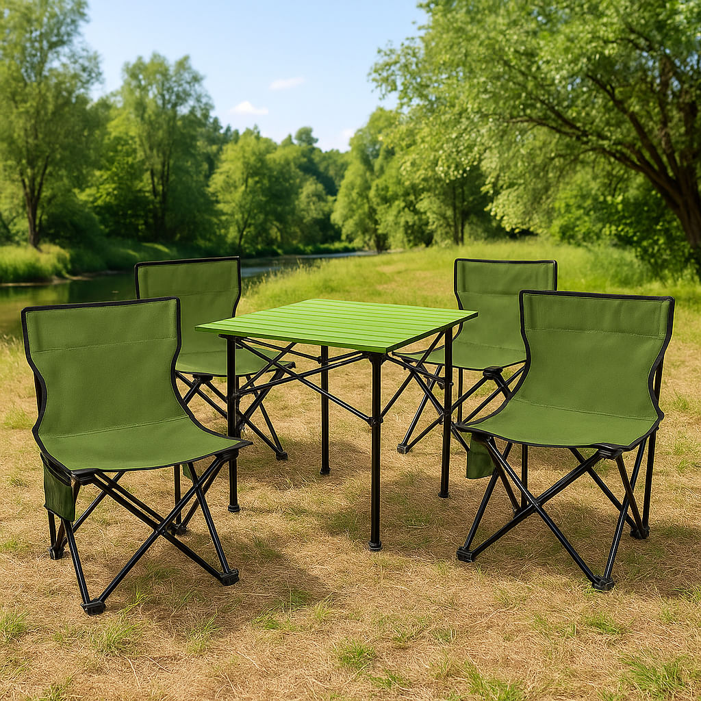 Set camping 5 in 1 cu masa si 4 scaune pliabile, structura otel si blat aluminiu, 53x52x50 cm, verde — imaginea 4
