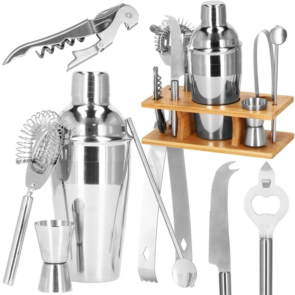 Set Cocktail Shaker Kit pentru barmani 550ml, KI22, suport bambus, 9 piese — imaginea 27