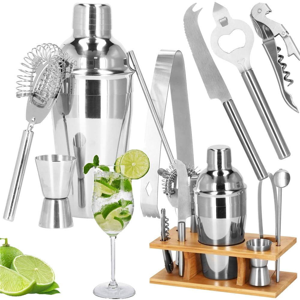 Set Cocktail Shaker Kit pentru barmani 550ml, KI22, suport bambus, 9 piese — imaginea 32