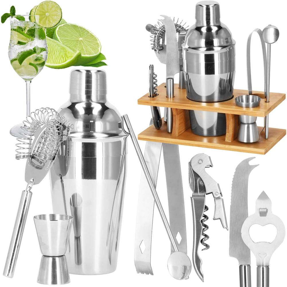 Set Cocktail Shaker Kit pentru barmani 550ml, KI22, suport bambus, 9 piese — imaginea 34