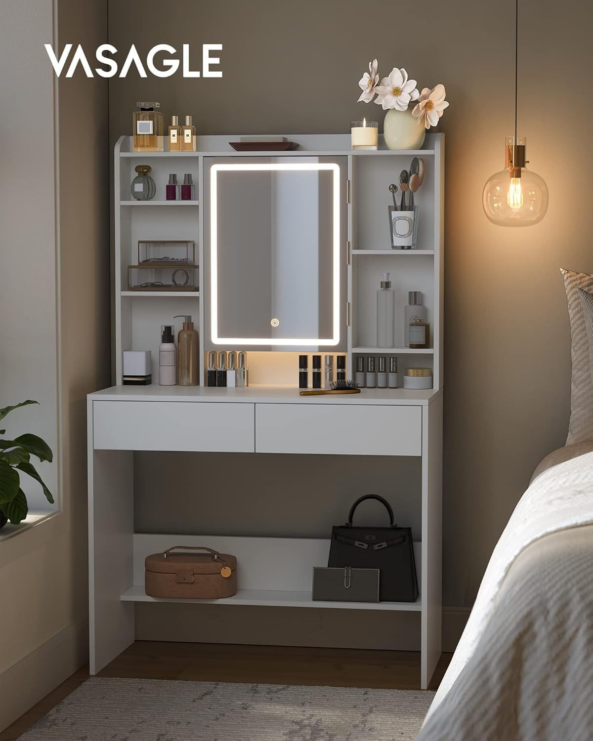 Masa de toaleta cu oglinda, iluminare LED reglabila, 2 sertare, 90x40x145cm, alb — imaginea 3