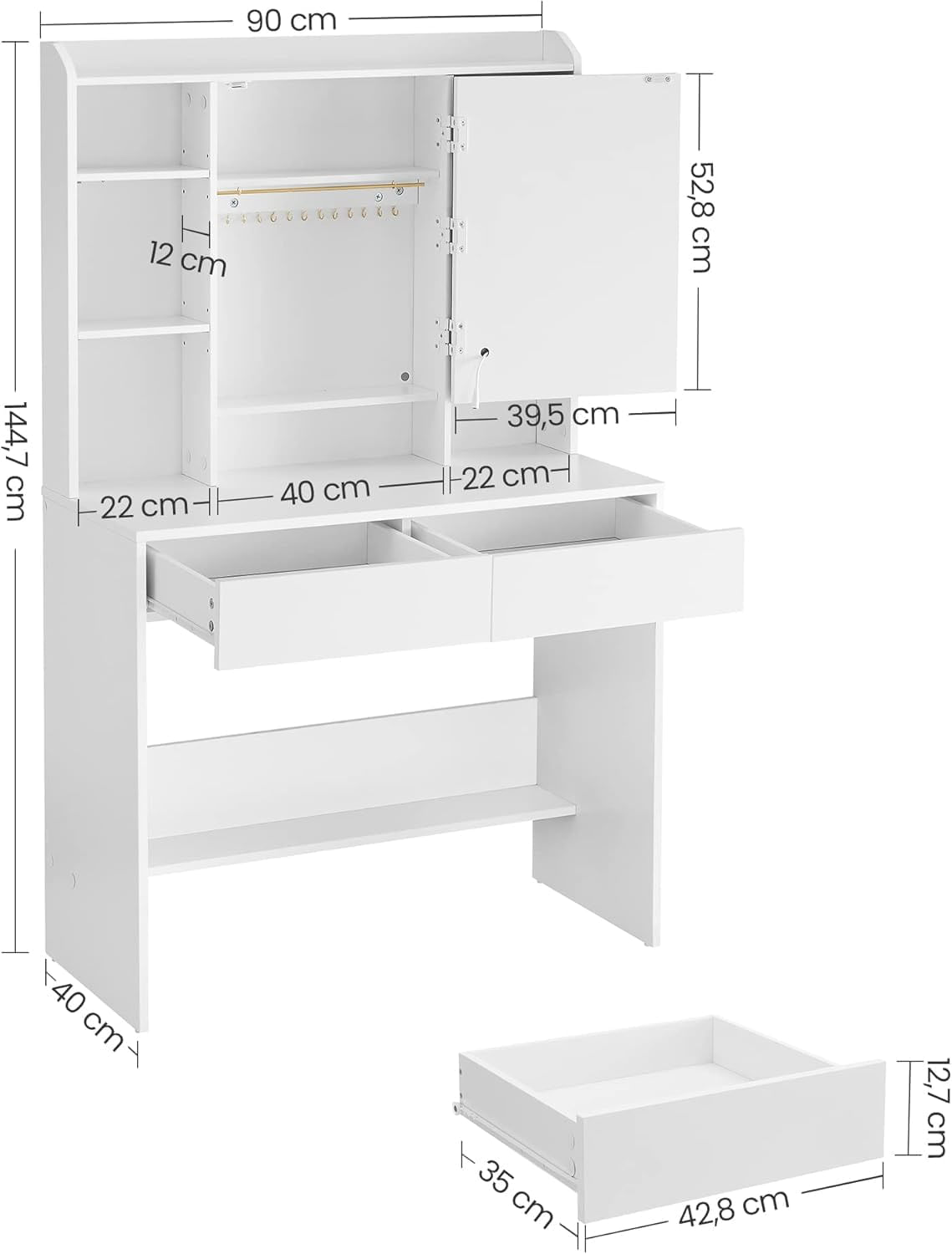 Masa de toaleta cu oglinda, iluminare LED reglabila, 2 sertare, 90x40x145cm, alb — imaginea 6