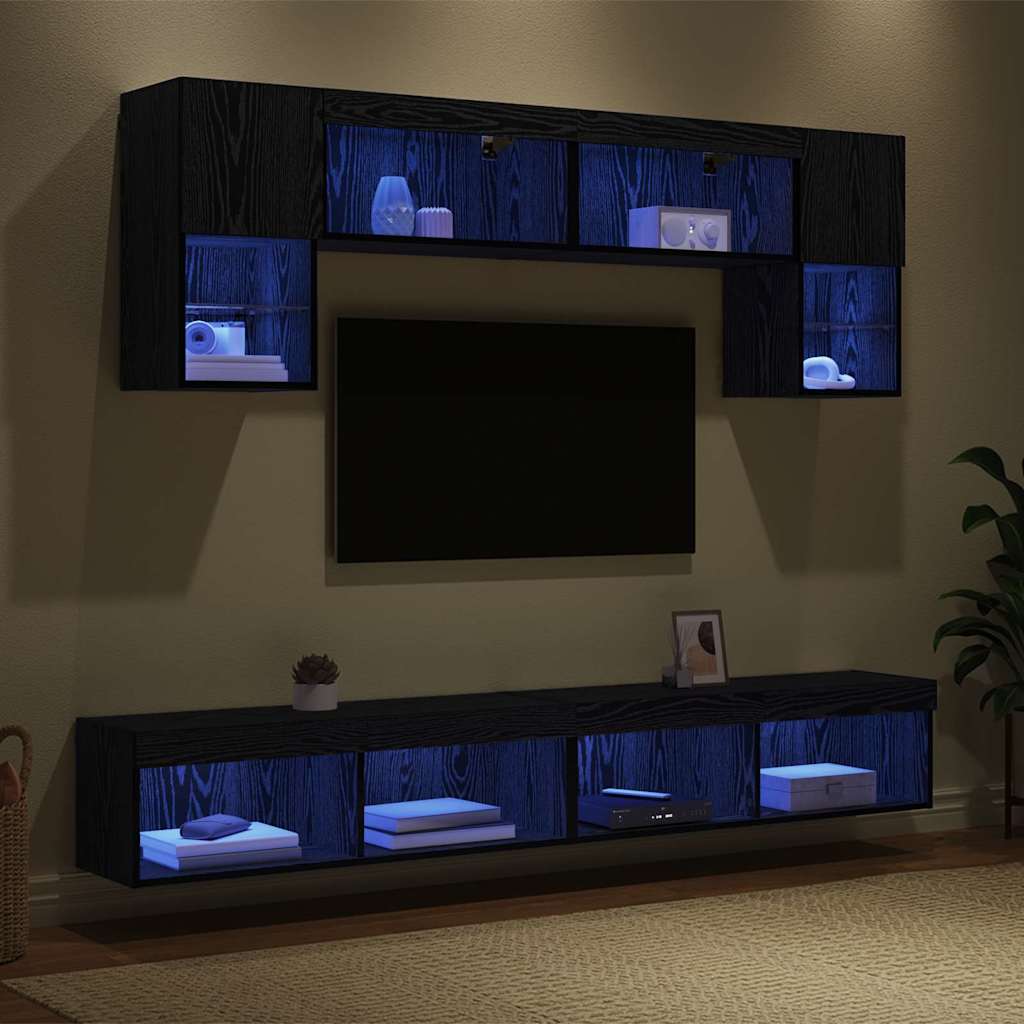 Unitati TV de perete cu LED 6 pcs Stejar Negru Lemn compozit — imaginea 3