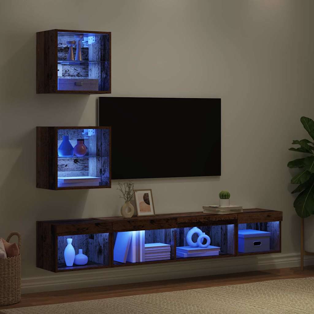 Unitati TV de perete cu LED 5 pcs Lemn vechi 100 x 30 x 30 cm — imaginea 6