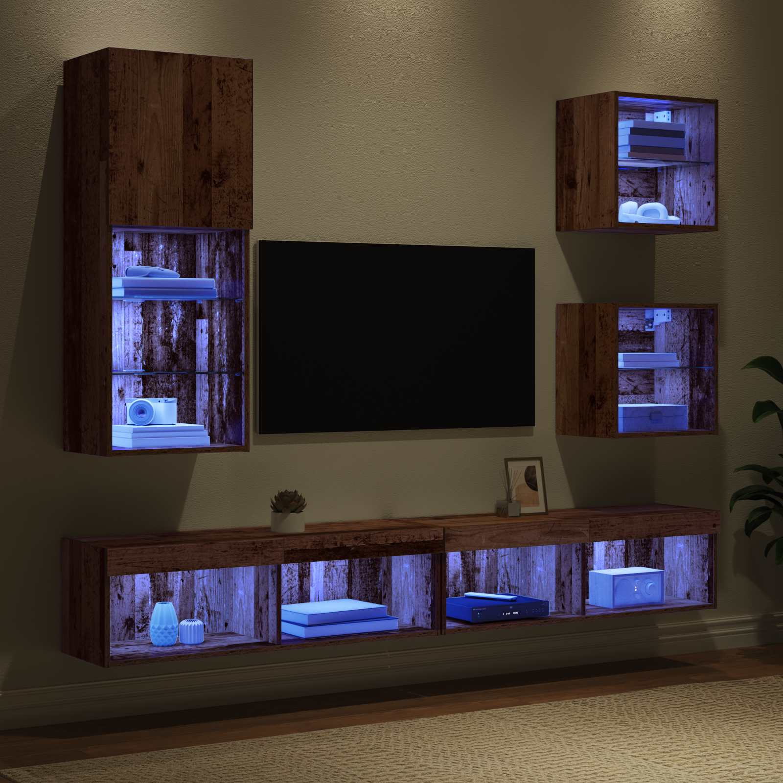 Unitati TV de perete cu LED Pe perete 5 pcs Lemn Vechi Lemn compozit — imaginea 5