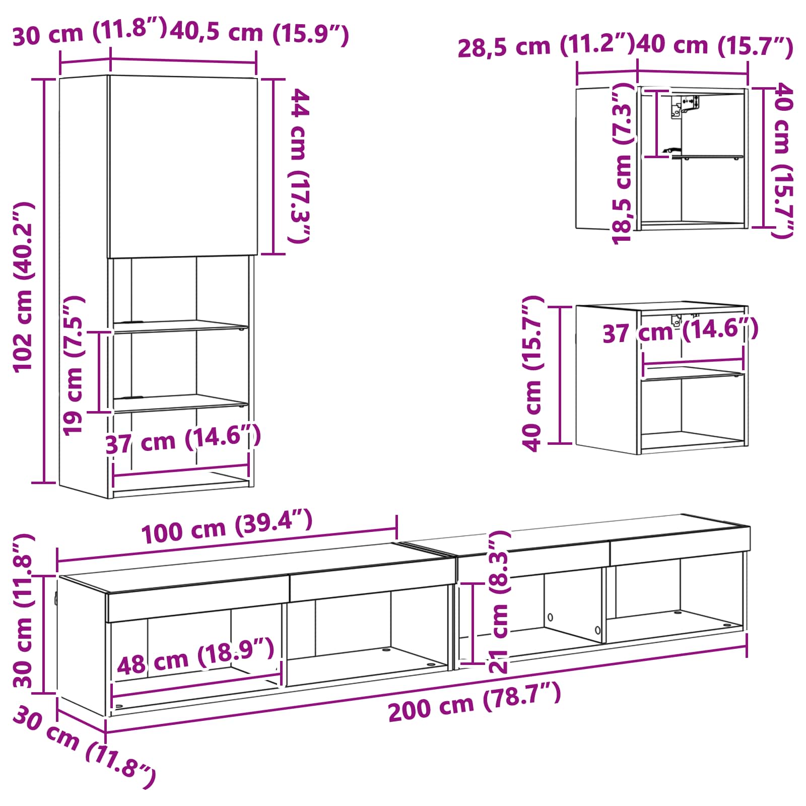 Unitati TV de perete cu LED Pe perete 5 pcs Lemn Vechi Lemn compozit — imaginea 13
