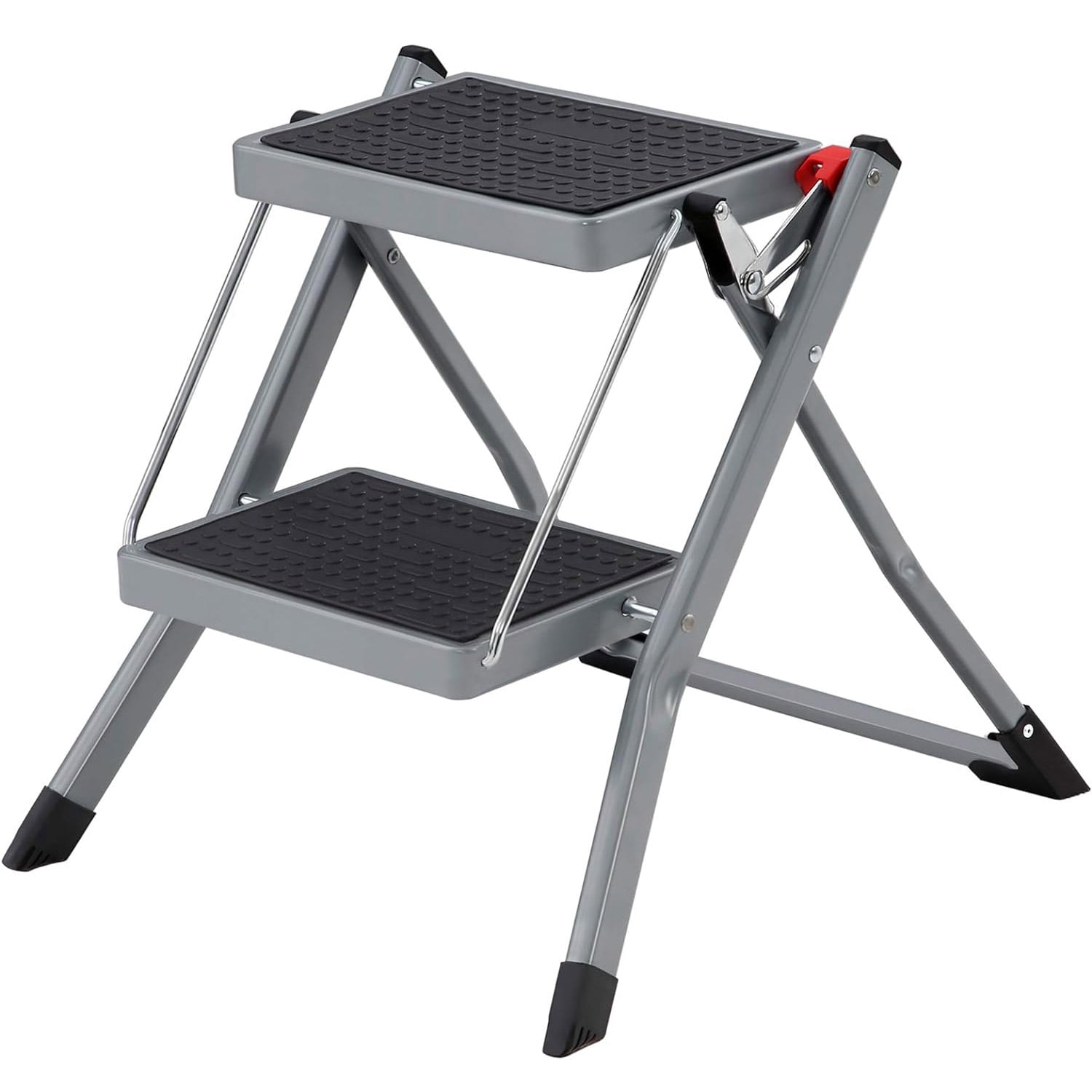 Scara pliabila cu 2 trepte, cauciuc antiderapant, cu maner, sarcina 150 kg, otel, 50x60x44cm, gri si negru