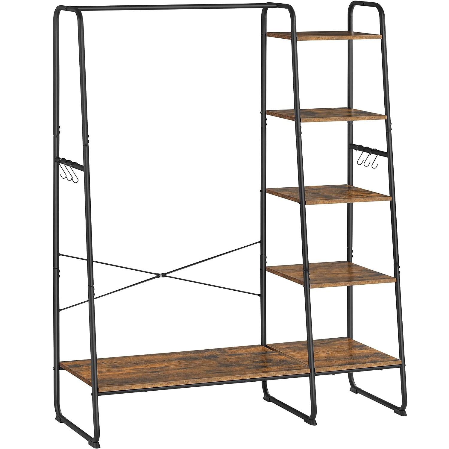 Raft pentru haine cu suport pentru pantofi, 5 polite, 6 carlige laterale, 45x120x160cm, maro rustic si negru — imaginea 2