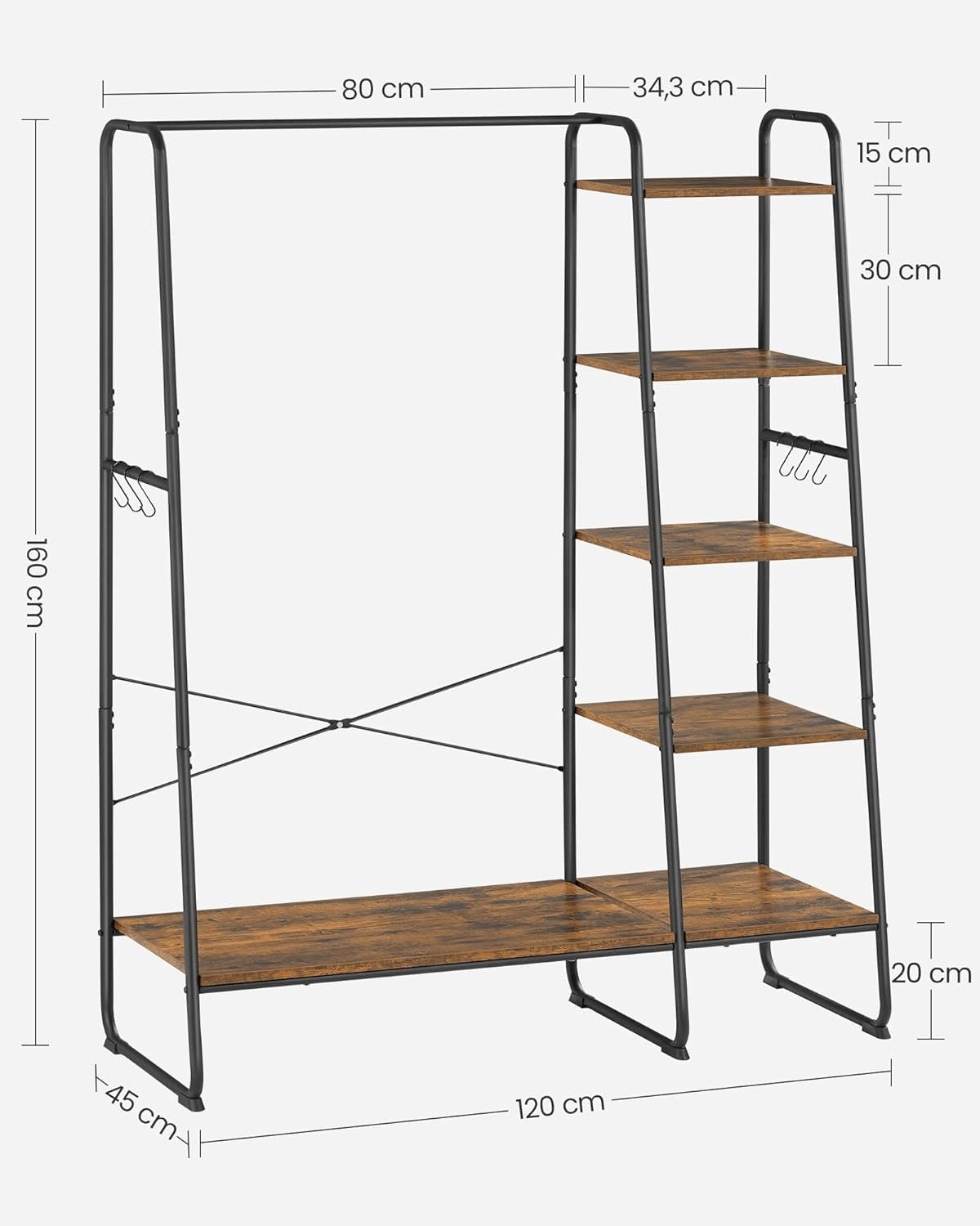 Raft pentru haine cu suport pentru pantofi, 5 polite, 6 carlige laterale, 45x120x160cm, maro rustic si negru — imaginea 7
