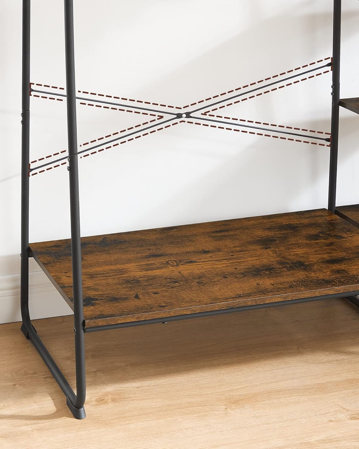 Raft pentru haine cu suport pentru pantofi, 5 polite, 6 carlige laterale, 45x120x160cm, maro rustic si negru — imaginea 8
