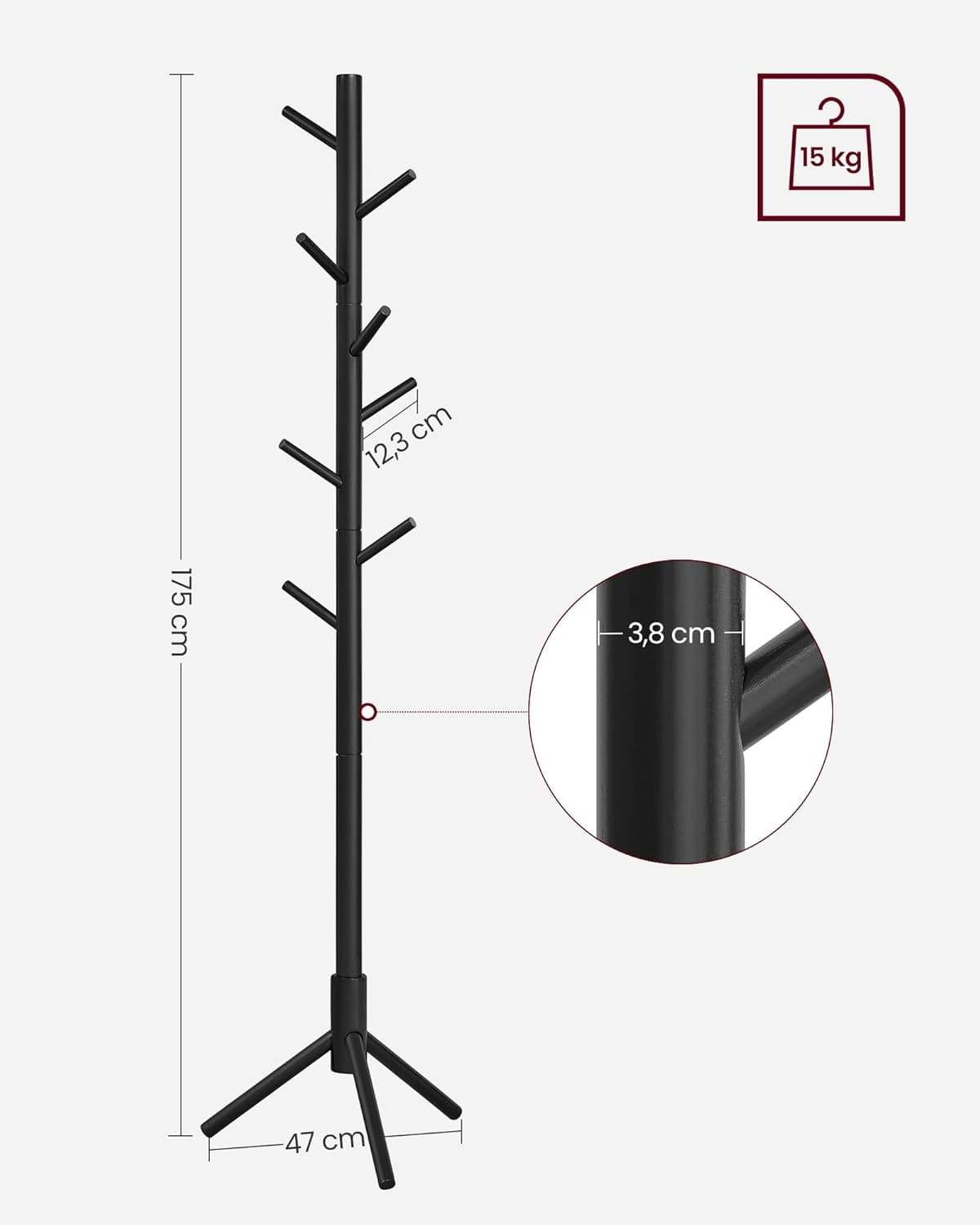 Cuier lemn masiv 47x47x175 cm, 8 carlige si inaltime reglabila, baza triunghiulara, negru — imaginea 2