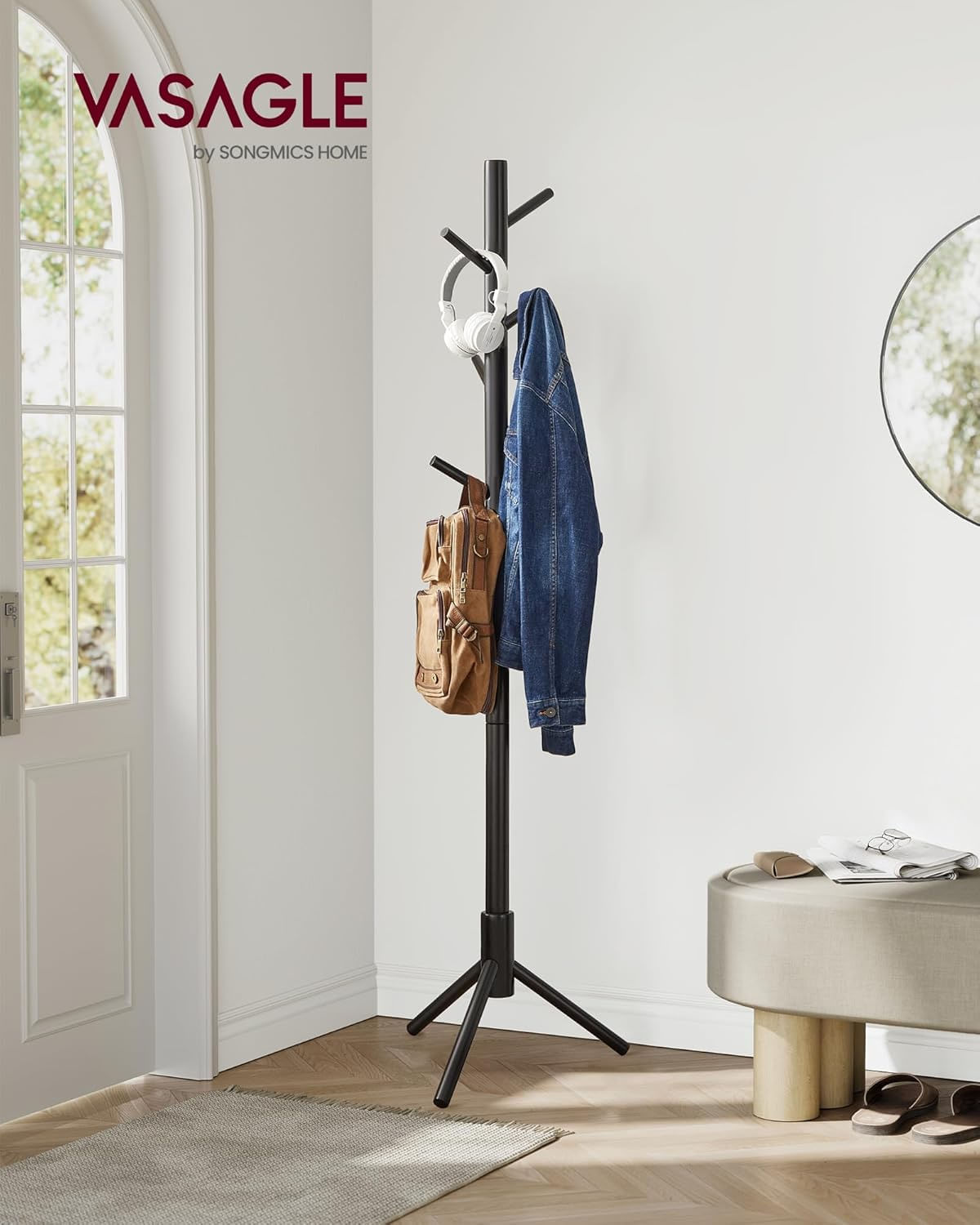 Cuier lemn masiv 47x47x175 cm, 8 carlige si inaltime reglabila, baza triunghiulara, negru — imaginea 3