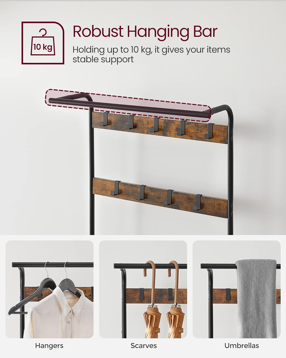 Cuier pentru haine, cu banc depozitare pantofi, 9 carlige detasabile, sina pentru haine, 34x77x183cm, industrial — imaginea 5