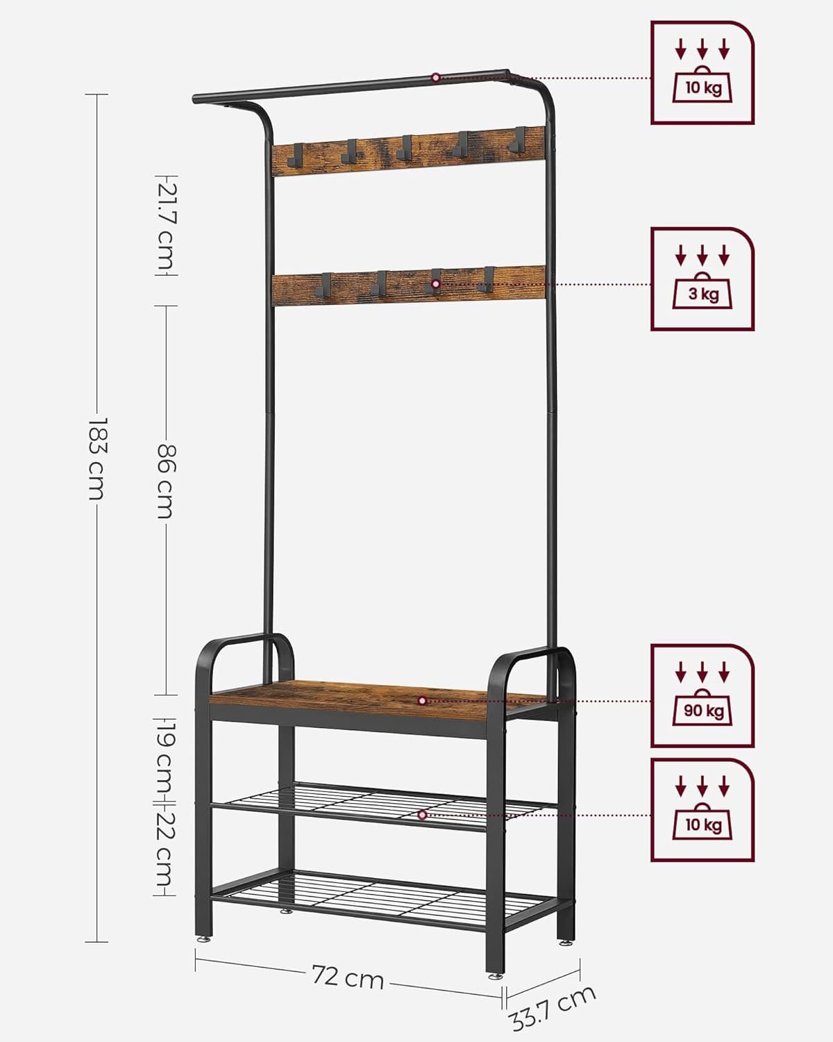 Cuier pentru haine, cu banc depozitare pantofi, 9 carlige detasabile, sina pentru haine, 34x77x183cm, industrial — imaginea 7