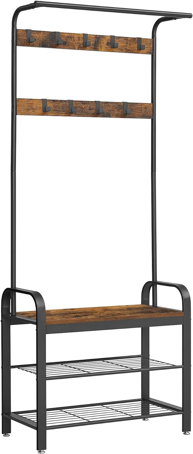 Cuier pentru haine, cu banc depozitare pantofi, 9 carlige detasabile, sina pentru haine, 34x77x183cm, industrial — imaginea 8