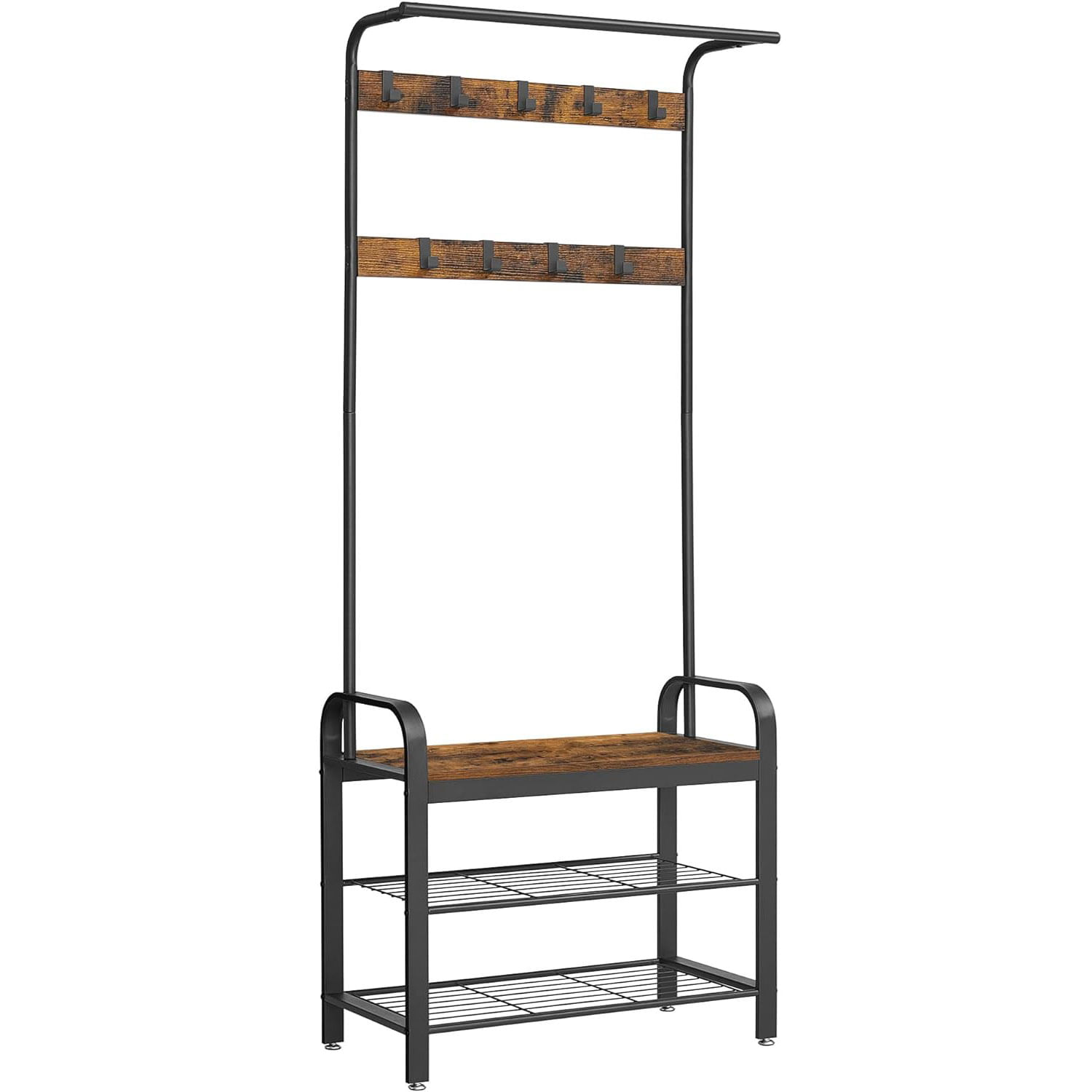 Cuier pentru haine, cu banc depozitare pantofi, 9 carlige detasabile, sina pentru haine, 34x77x183cm, industrial — imaginea 11